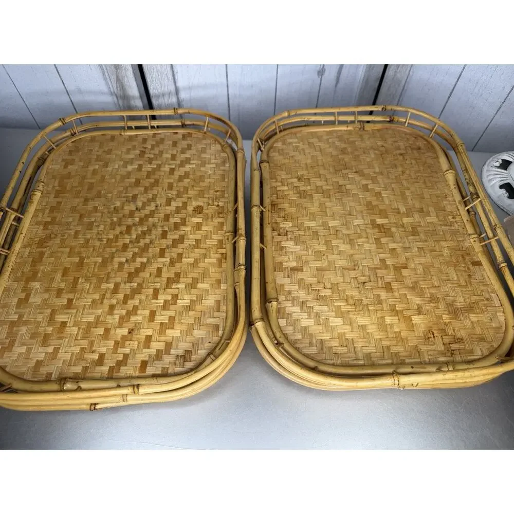 Vintage Rattan Bamboo Trays Lot of 6 Wicker Tiki Lap TV Serving MCM Retro
